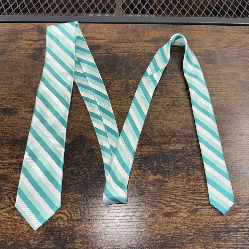 JF J.Ferrar Diagonal Stripe Necktie Teal Mint White Men's Tie 59"